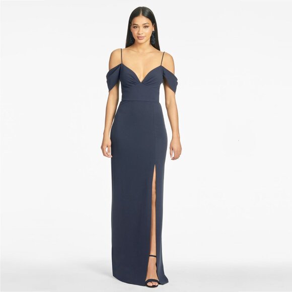 NWT SACHIN + BABI Brittany Gown in Navy Blue Off-Shoulder Crepe Side Leg Slit 12 - Picture 1 of 9